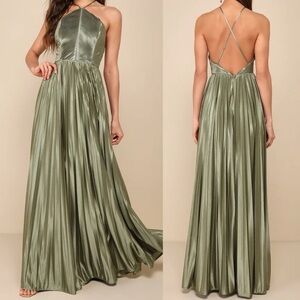Lulus NWOT Elaborate Charm Olive Green Satin Pleated Backless Maxi Dress